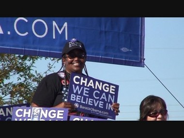 An Obama supporter in Sunland Park, NM at <a href="http://shapleigh.org/videos/105-hillary-clinton-in-sunland-park-oct-25-2008">Hillary Clinton's Rally</a>, October 25, 2008