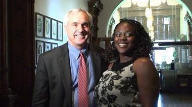 <a href="http://shapleigh.org/videos/170-senator-shapleigh-visits-with-utep-social-work-students-in-austin">Senator Shapleigh with Michelle Williams, a UTEP social work student, in Austin</a>